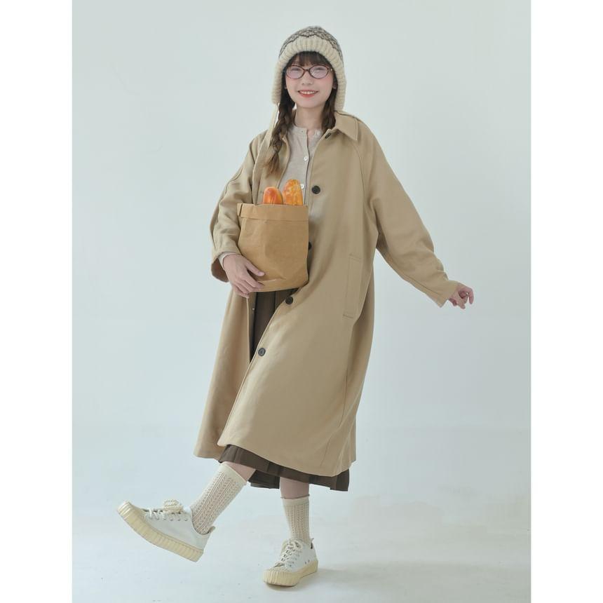 Collared Plain Single Breasted Long Trench Coat Product Image