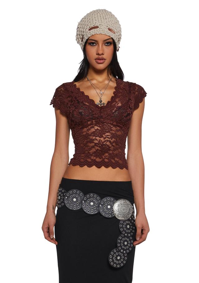 Sheer Lace Crop Top With Scallop Trim - Brown Product Image