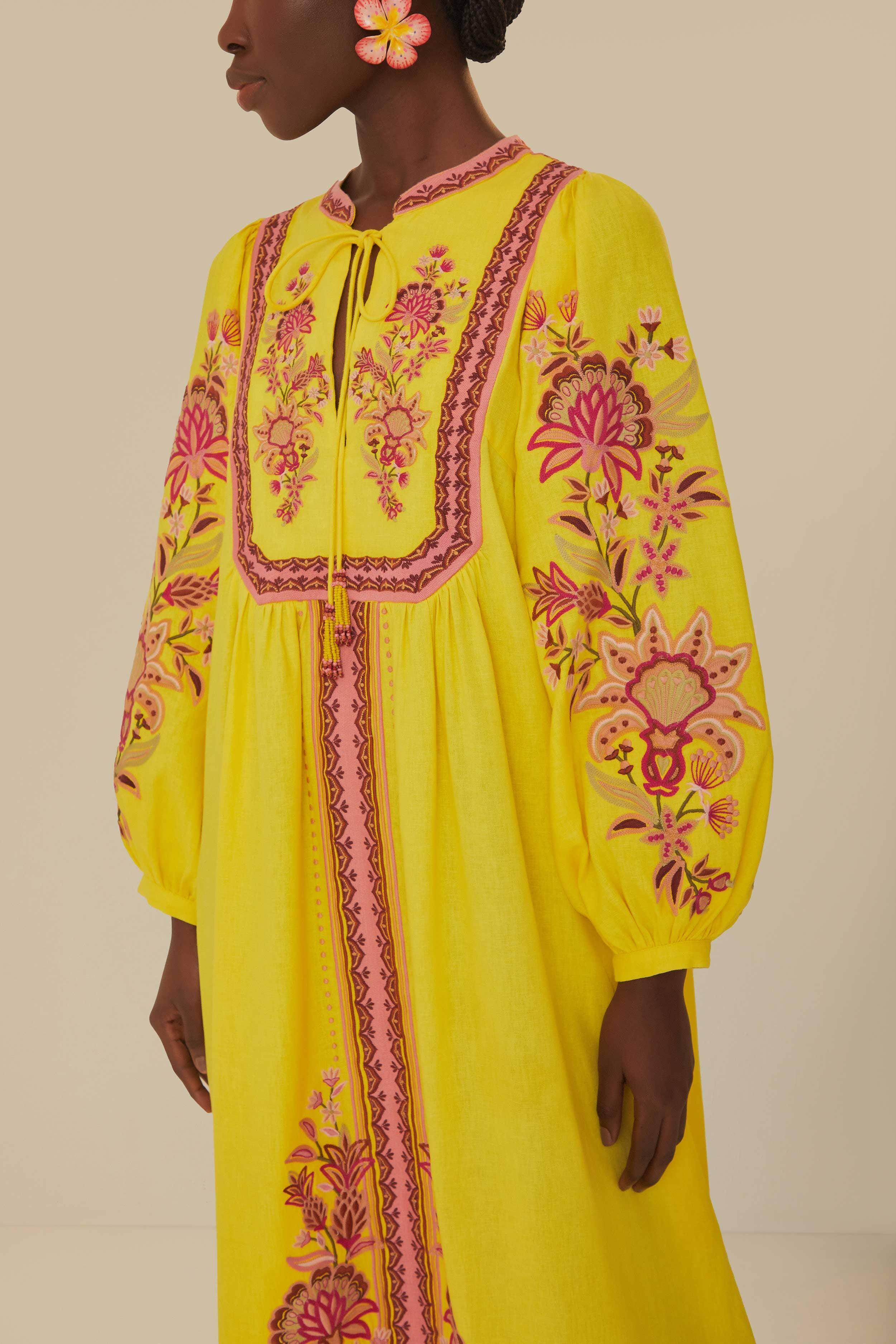 Yellow Embroidered Garden Tapestry Midi Dress Product Image