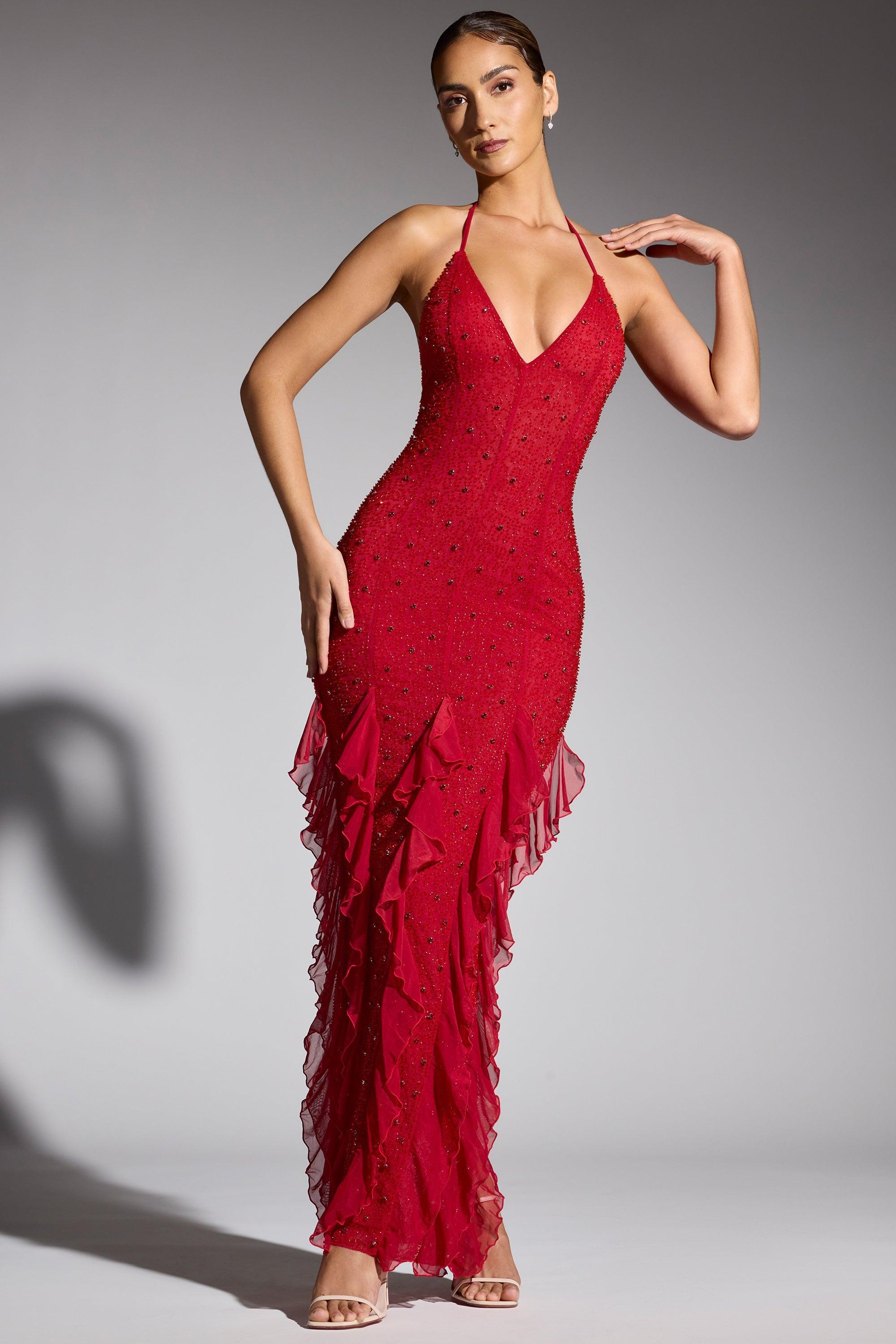 Embellished Halter Neck Ruffle Maxi Dress in Red product image