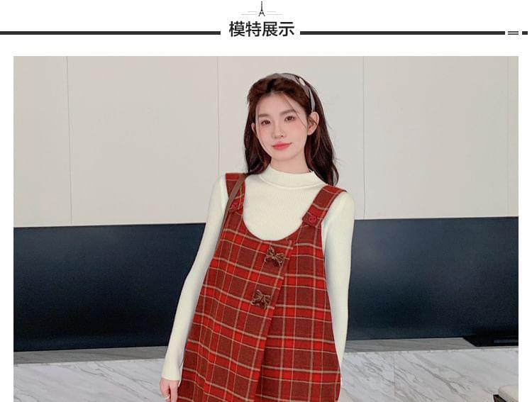 Maternity Long-Sleeve Mock Neck Plain Tee / Plaid Midi Pinafore Dress / Set Product Image