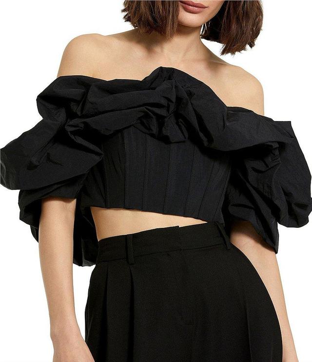 Mac Duggal Faille Ruffle Off-The-Shoulder Short Sleeve Cropped Bustier Top Product Image