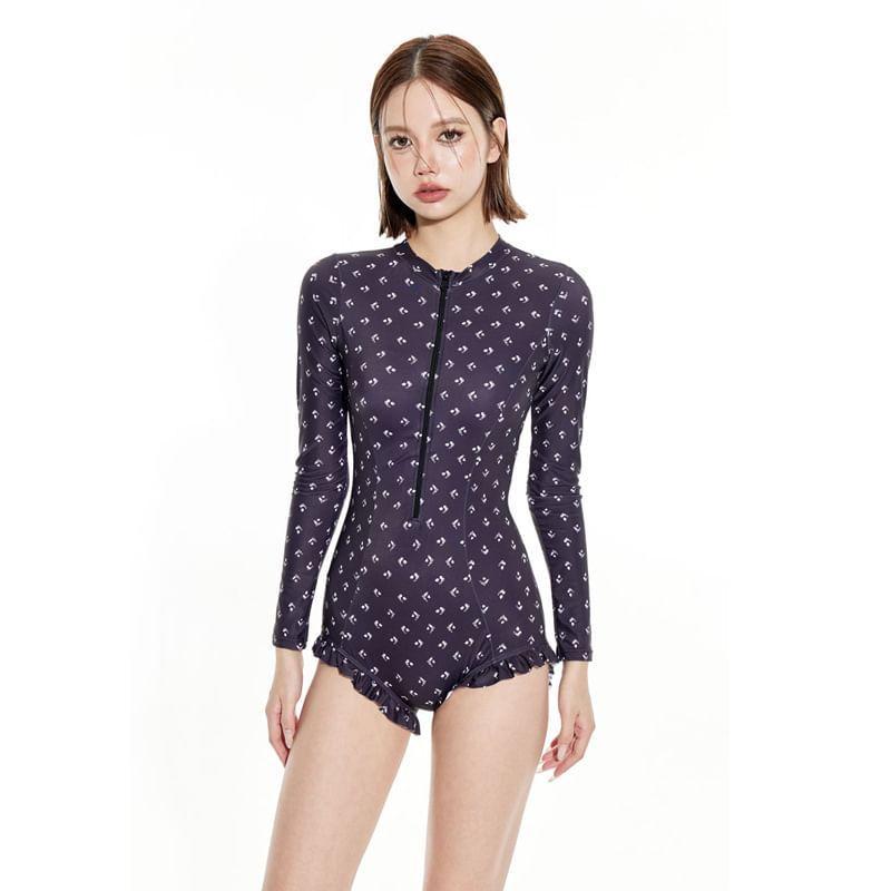 Long-Sleeve Half Zip Print Swimsuit Product Image