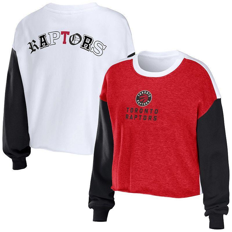 Womens WEAR by Erin Andrews Heather Red Toronto Raptors Mixed Letter Cropped Pullover Sweatshirt Product Image