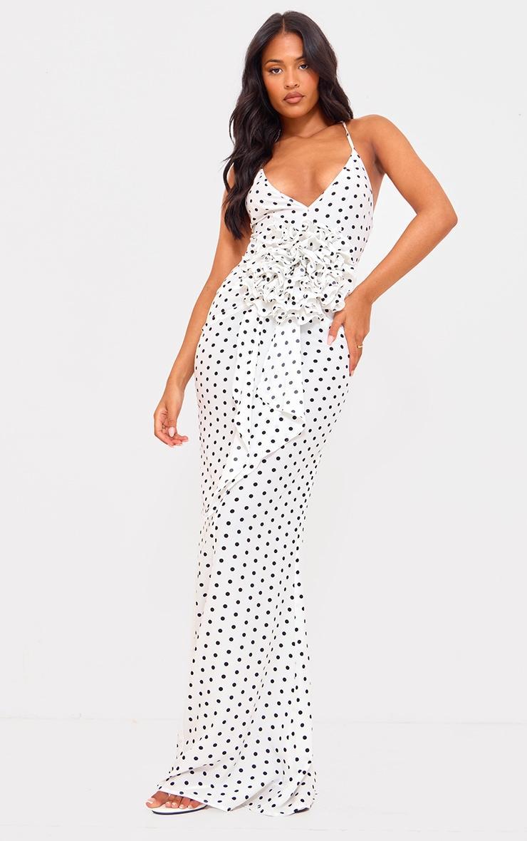 Tall White Polka Dot Satin Rose Detail Maxi Dress Product Image