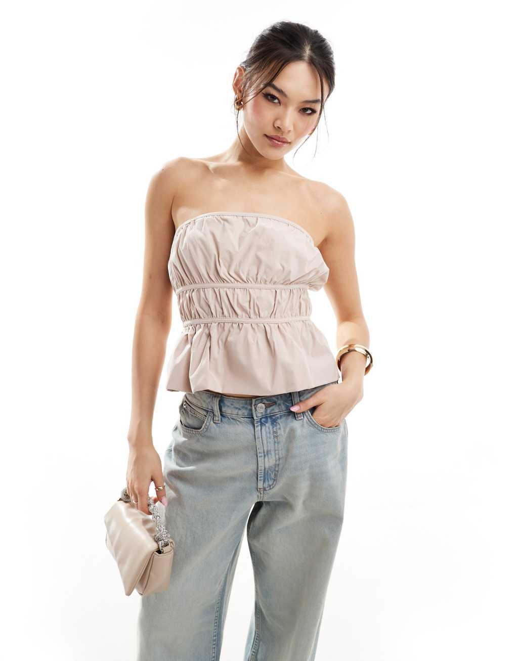 ASOS DESIGN bubble hem shirred bandeau top with tie back in stone Product Image