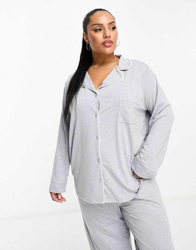 ASOS DESIGN Curve soft jersey long sleeve shirt & pants pajama set with contrast piping Product Image