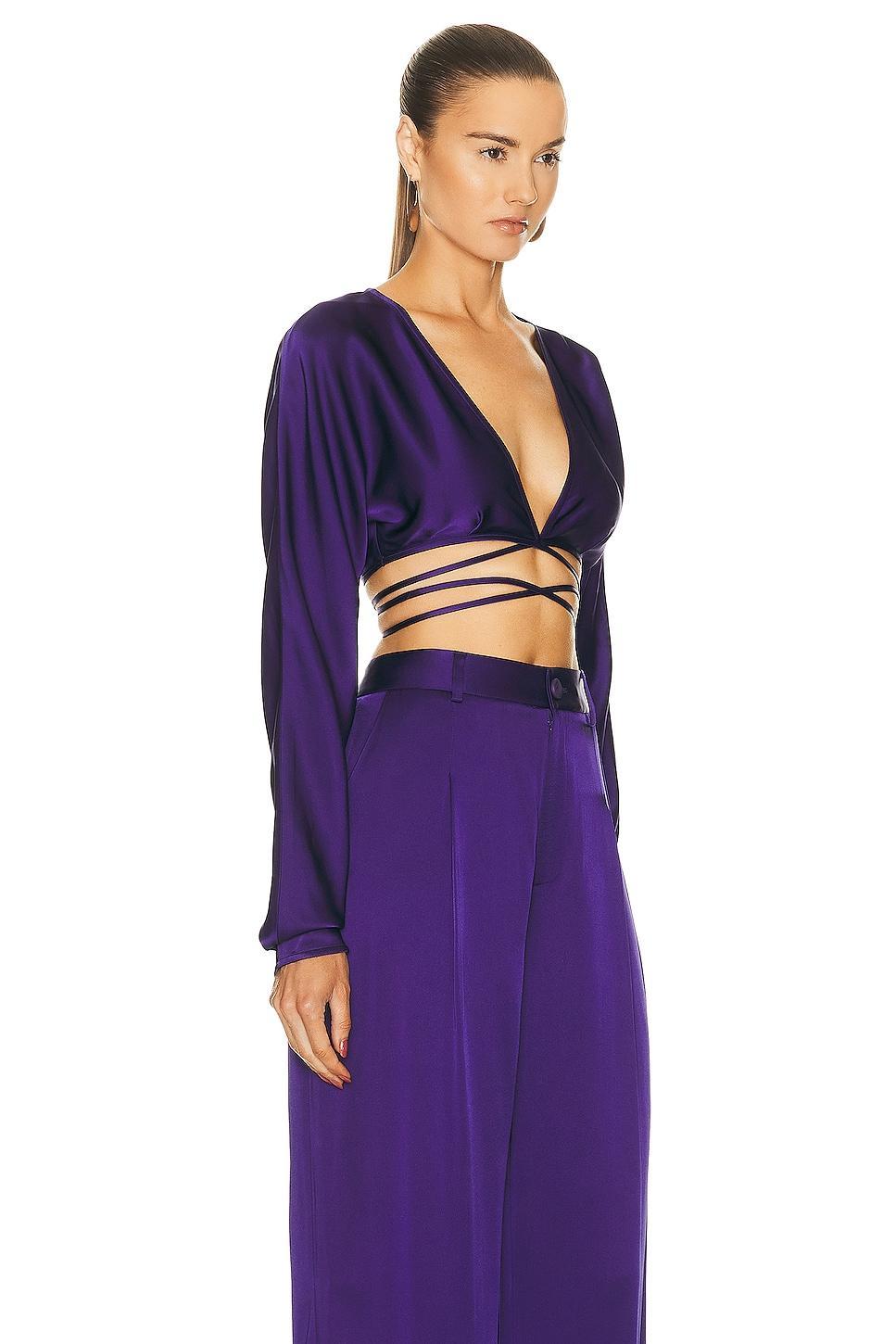 Lapointe Doubleface Satin Long Sleeve Tie Waist Top in Purple Product Image