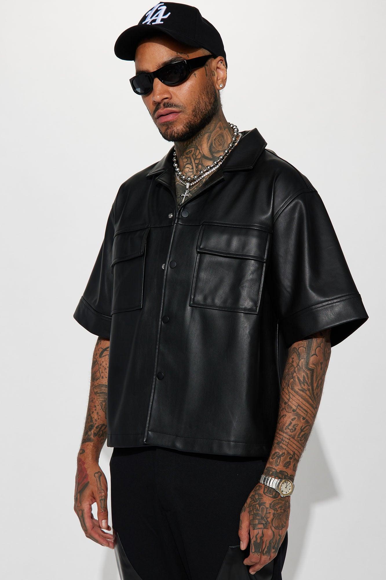 High Stepper Faux Leather Button Up Shirt - Black Product Image