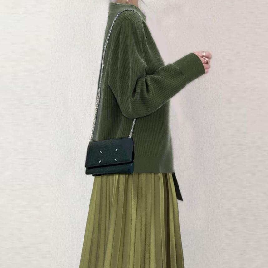 Set: Long-Sleeve Notch Neck Two Tone Asymmetrical Knit Top + High Rise Accordion Pleated Midi A-Line Skirt Product Image