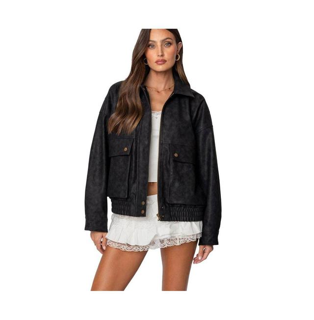 Edikted Womens Cargo Faux Leather Bomber Jacket Product Image