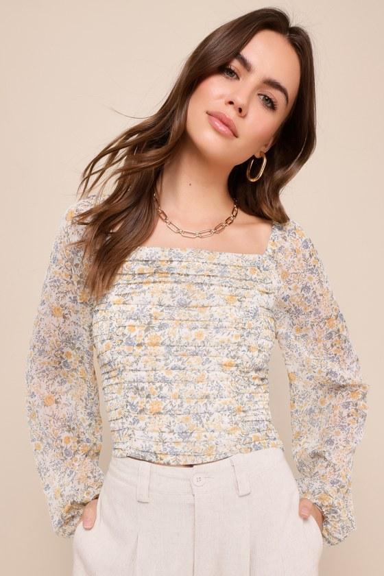 Mood Setter Ivory Floral Print Ruched Long Sleeve Top Product Image