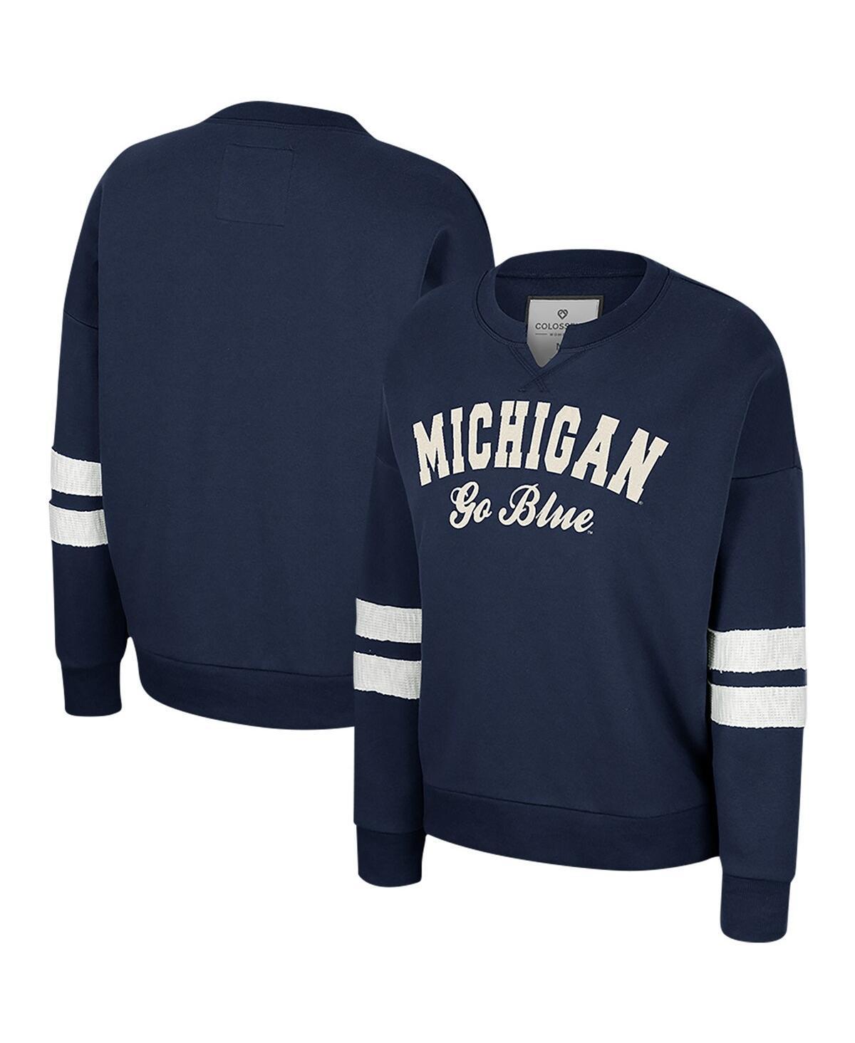 Womens Colosseum Navy Distressed Michigan Wolverines Perfect DateNotch Neck Pullover Sweatshirt Product Image