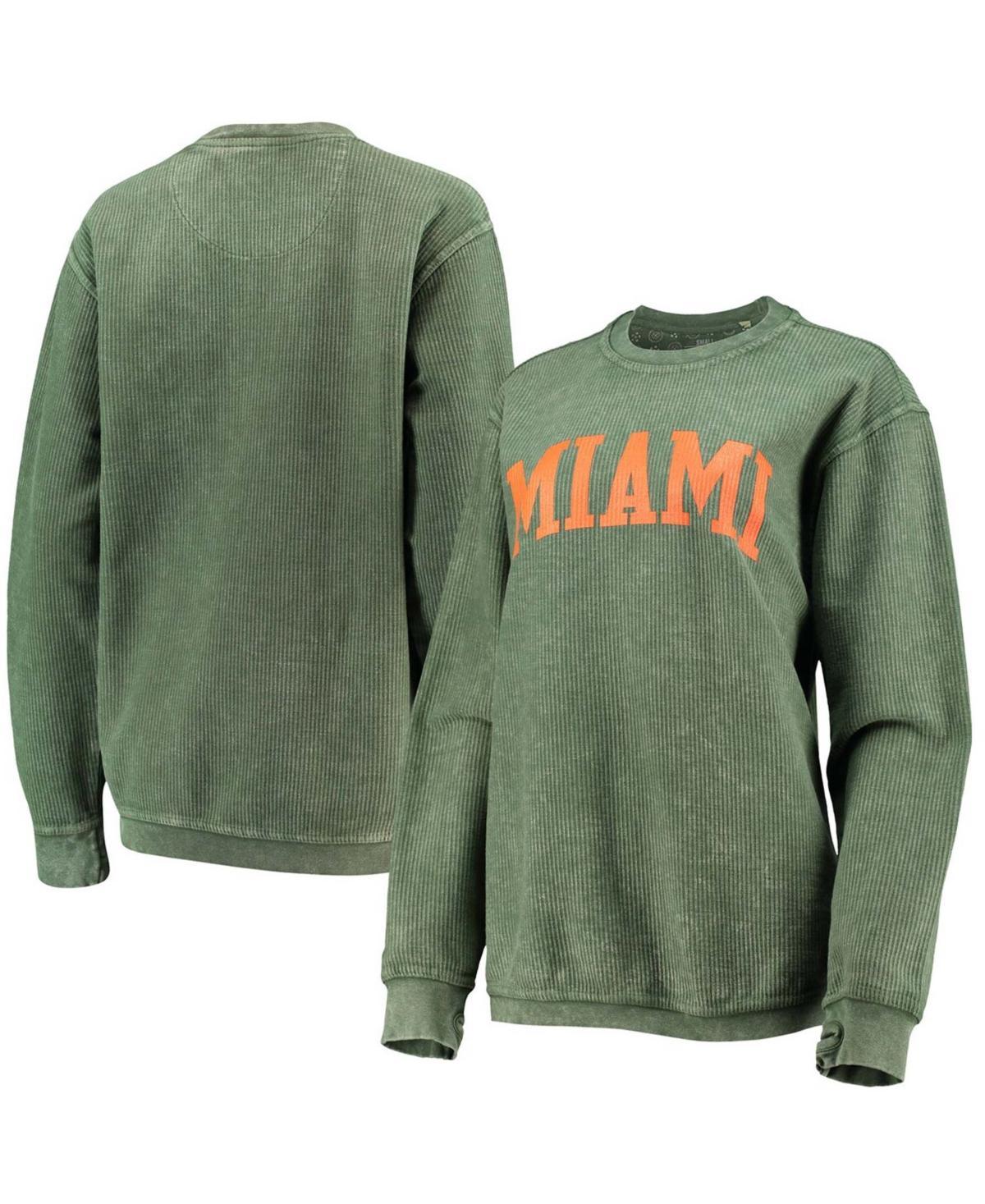 Womens Green Miami Hurricanes Comfy Cord Vintage-Like Wash Basic Arch Pullover Sweatshirt Product Image