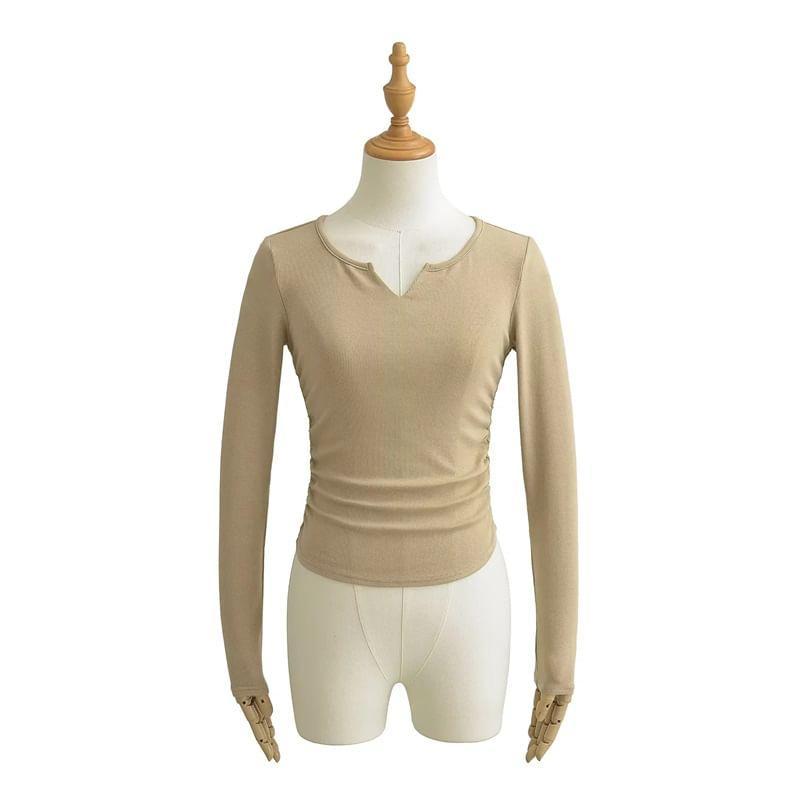 Long Sleeve Notch Neck Plain Ruched T-Shirt Product Image