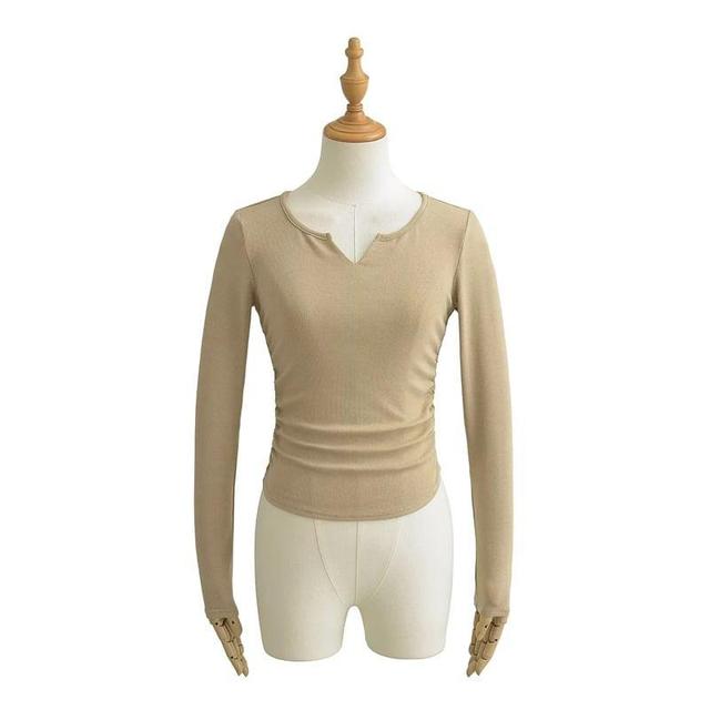 Long Sleeve Notch Neck Plain Ruched T-Shirt Product Image