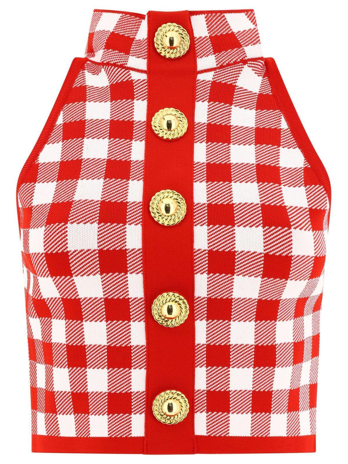 BALMAIN Gingham-check Pattern Zip-up Top In Red/white Product Image