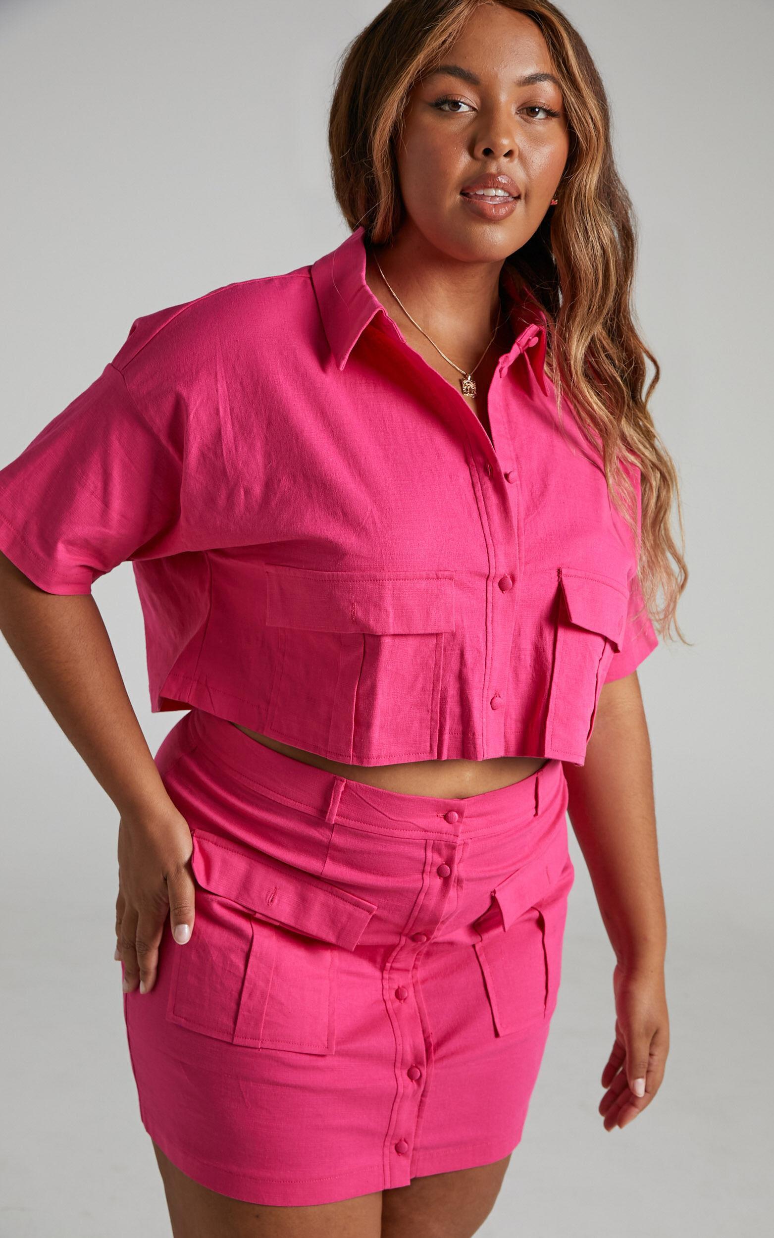 Navine Two Piece Set - Button Front Crop Top and Cargo Pocket Mini Skirt Set in Hot Pink Product Image