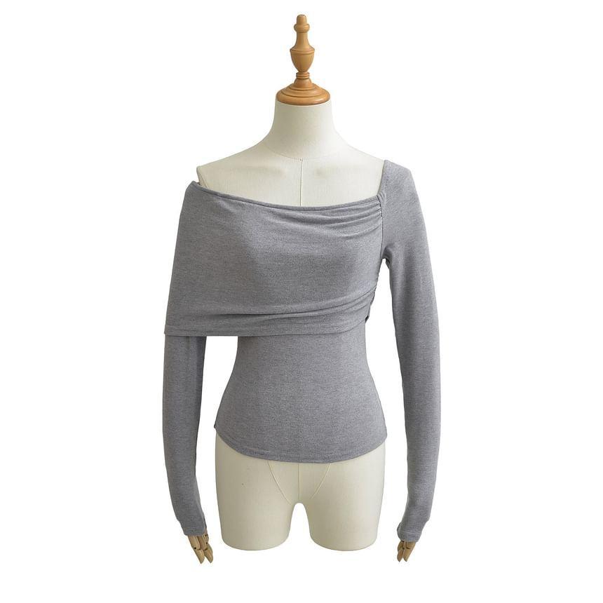 Long Sleeve Off Shoulder Plain Ruched Crop T-Shirt Product Image