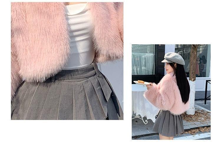 Collared Plain Fluffy Open Front Crop Jacket Product Image