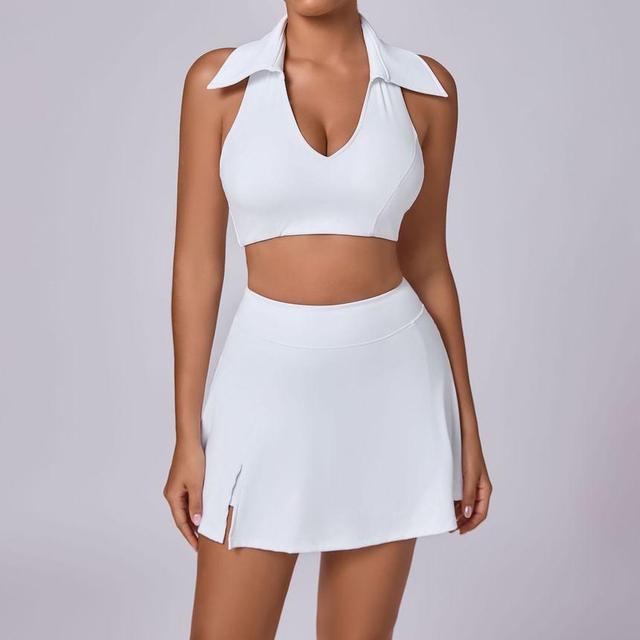 Set: Halter-Neck Plain Collared Sports Bra + High Waist Sports Skirt Product Image