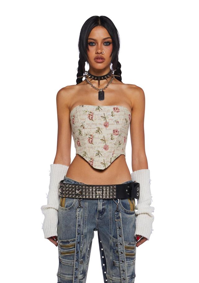 Rose And Word Print Corset Top With Satin Lace-Up - Multi Product Image