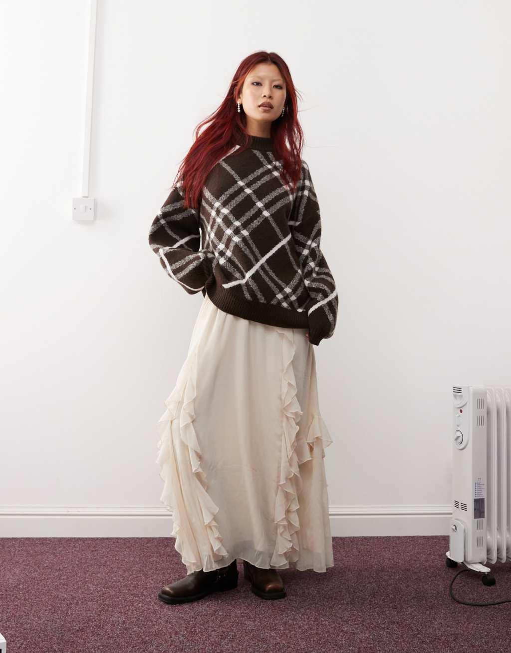 Monki oversized knit sweater in black and brown check Product Image