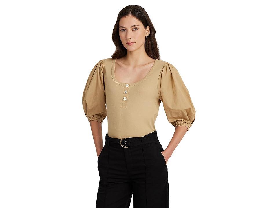 Lauren Ralph Lauren Stretch Cotton Puff-Sleeve Henley Tee (Birch Tan) Women's Clothing Product Image