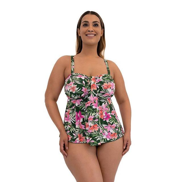 Plus Size A Shore Fit Lillies Tummy Solutions Waterfall Swim Top, Womens Green Product Image