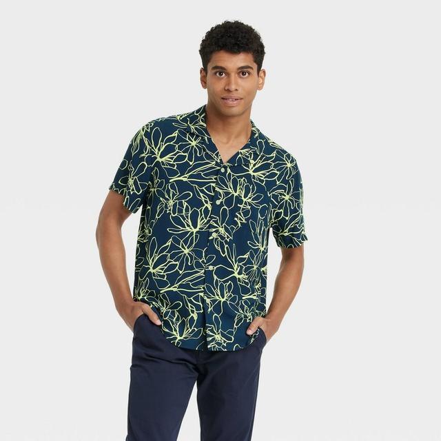 Mens Floral Print Button-Down Shirt - Goodfellow & Co Navy Blue XL Product Image