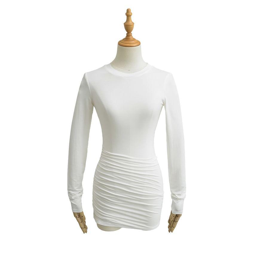 Long-Sleeve Crewneck Plain Mini Dress Product Image