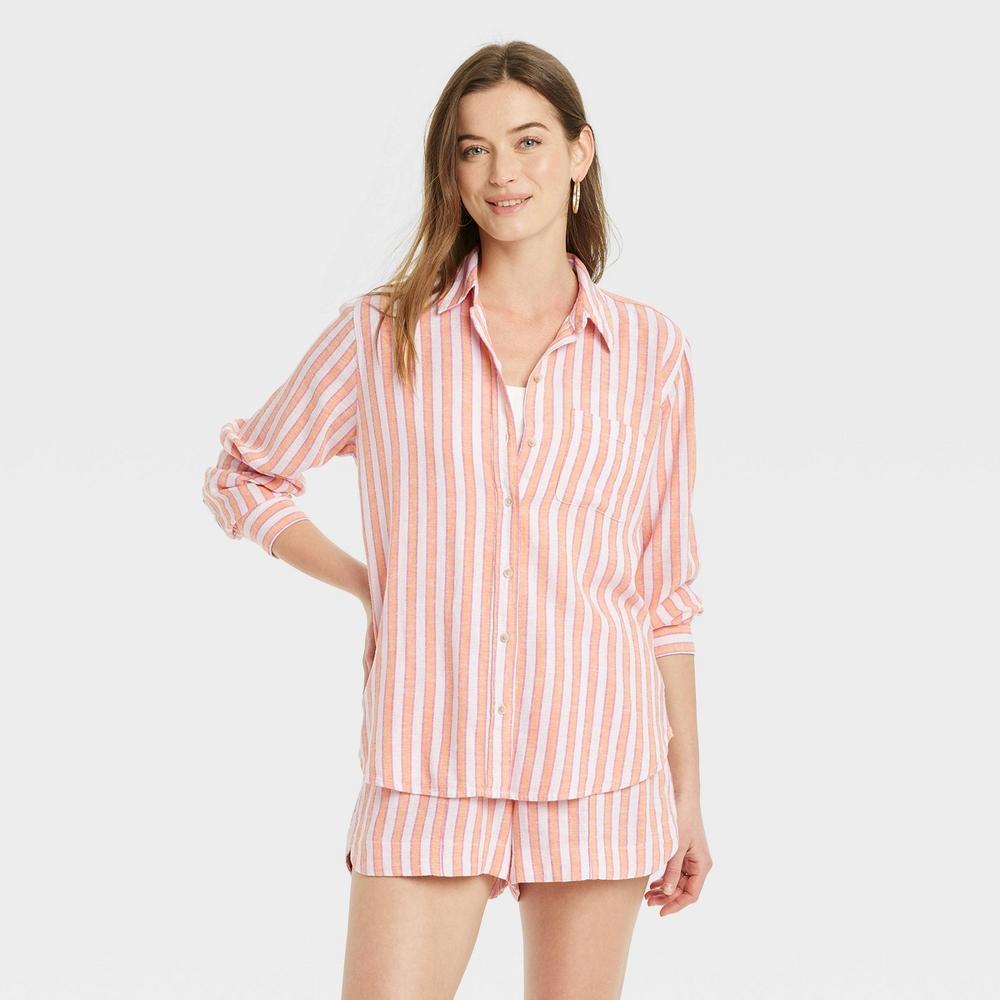 Women's Linen Long Sleeve Collared Button-Down Shirt - Universal Thread™ Orange Striped L Product Image