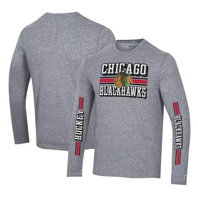 Mens Champion Heather Gray Chicago Blackhawks Tri-Blend Dual-Stripe Long Sleeve T-Shirt Product Image