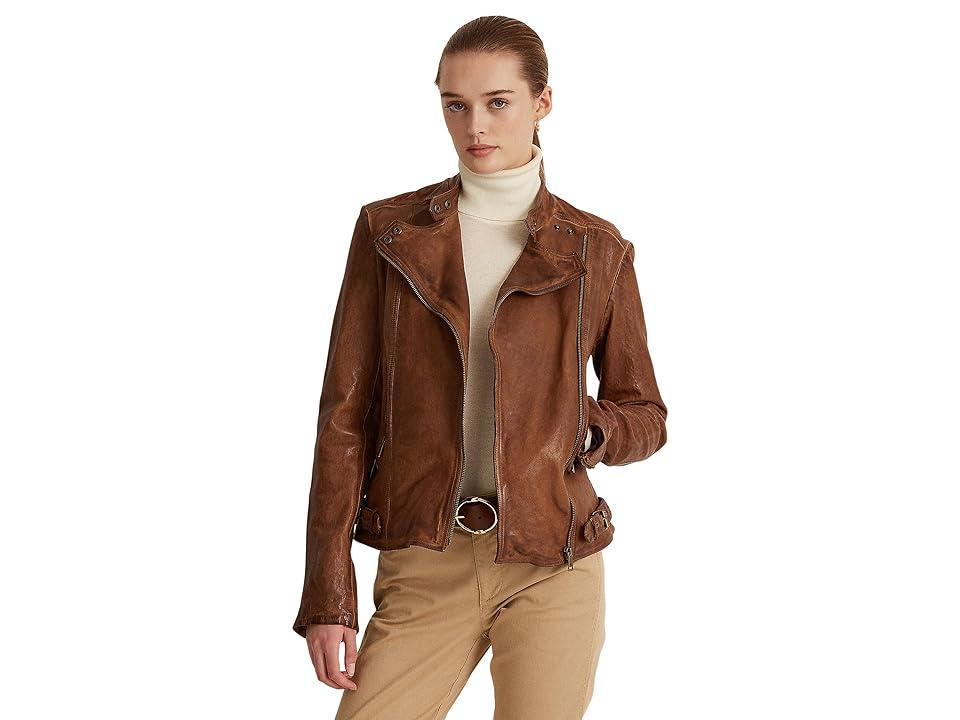 LAUREN Ralph Lauren Tumbled-Leather Jacket (Dark Walnut) Women's Jacket Product Image