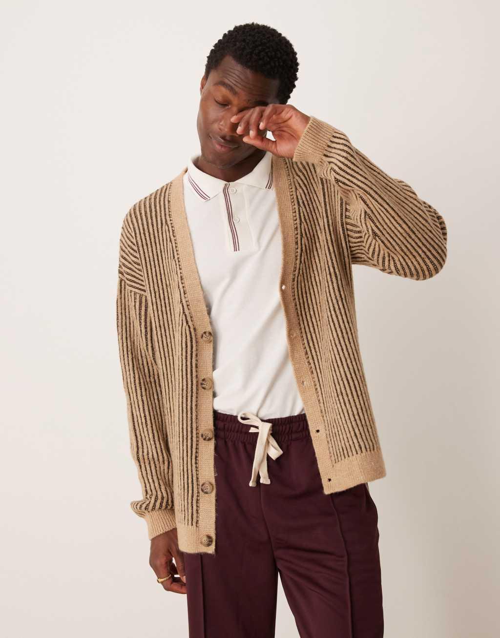 ASOS DESIGN knitted relaxed cardigan with plated rib in stone Product Image