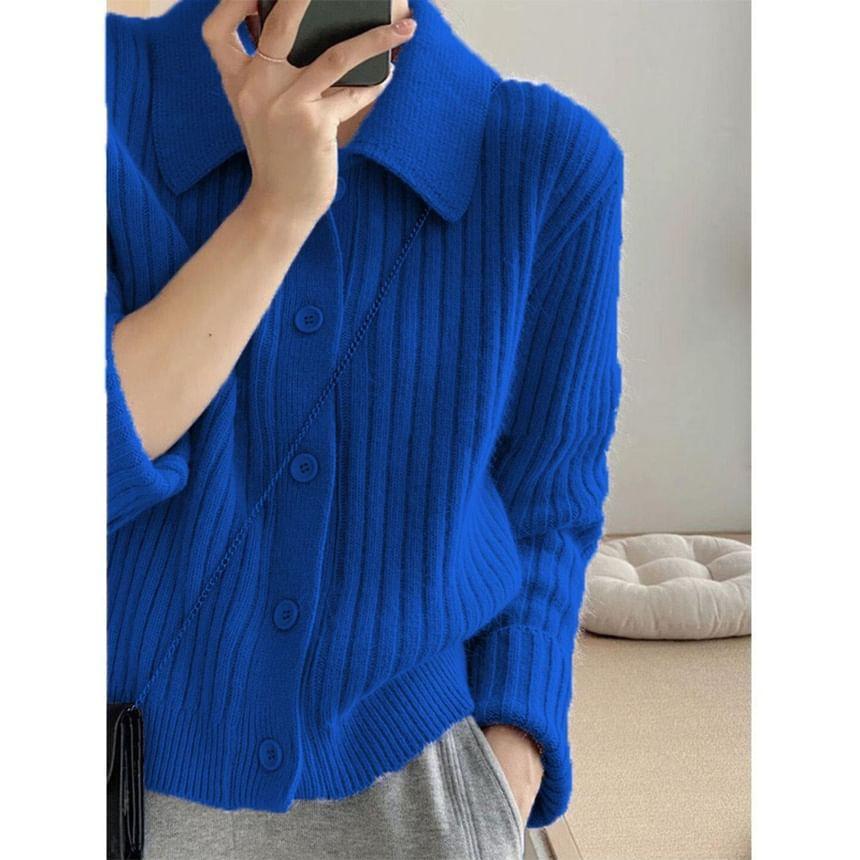 Lapel Collar Plain Button Up Ribbed Knitted Cardigan Product Image