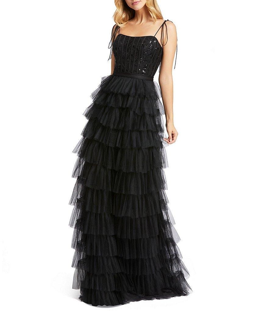 Mac Duggal Tulle Square Neck Sleeveless Tie Strap Sequin Bodice Back Detail Tiered Ruffle Gown Product Image