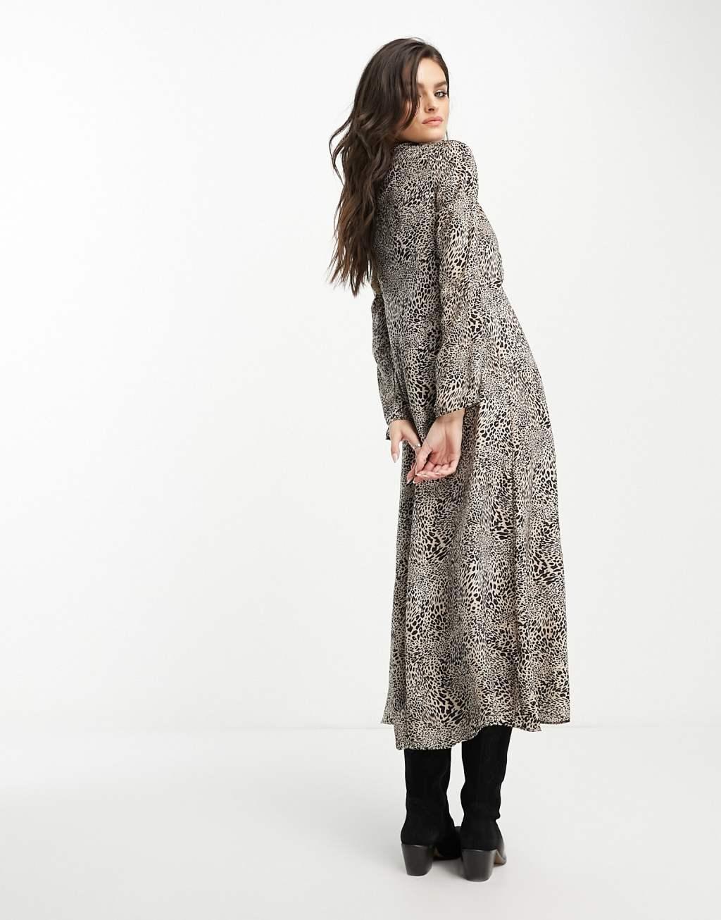 Mango long sleeve strap detail keyhole neckline midi dress in brown animal print Product Image