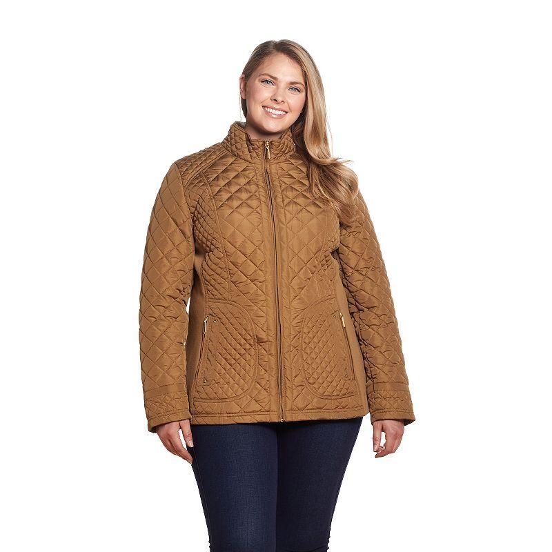 Plus Size Weathercast Quilted Moto Jacket, Womens Dark Beige Product Image