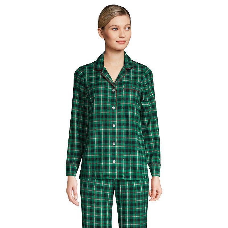 Womens Lands End Long Sleeve Flannel Pajama Top Green Gulf Check Product Image