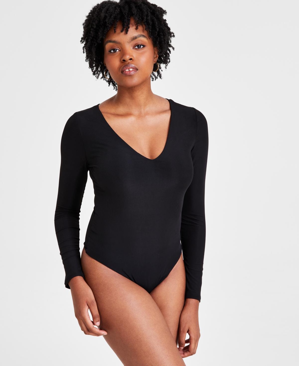 Bar Iii Womens V-Neck Shine Rib-Knit Bodysuit, Created for Macys Product Image