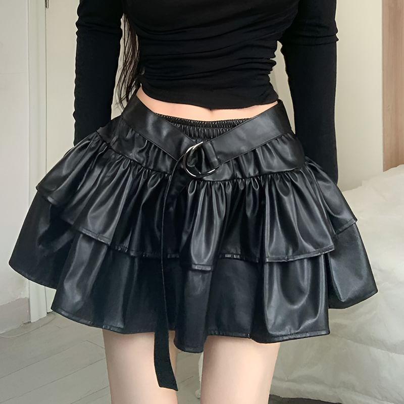 Low Rise Belt Accent Plain Faux Leather Mini A-Line Skirt Product Image