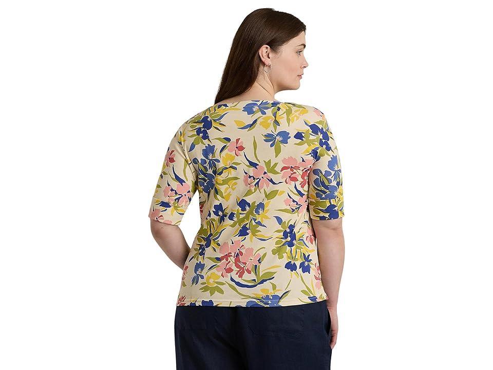 Lauren Ralph Lauren Plus-Size Floral Stretch Cotton Boatneck Tee (Cream/Blue/Multi) Women's Clothing Product Image