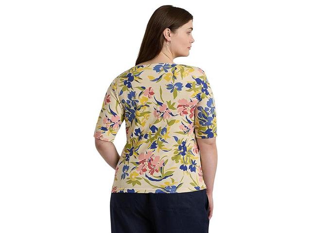 LAUREN Ralph Lauren Plus-Size Floral Stretch Cotton Boatneck Tee (Cream/Blue/Multi) Women's Clothing Product Image