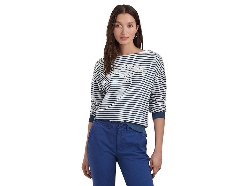 Lauren Ralph Lauren Logo Striped French Terry Top Indigo Dusk) Women's Sweater product image