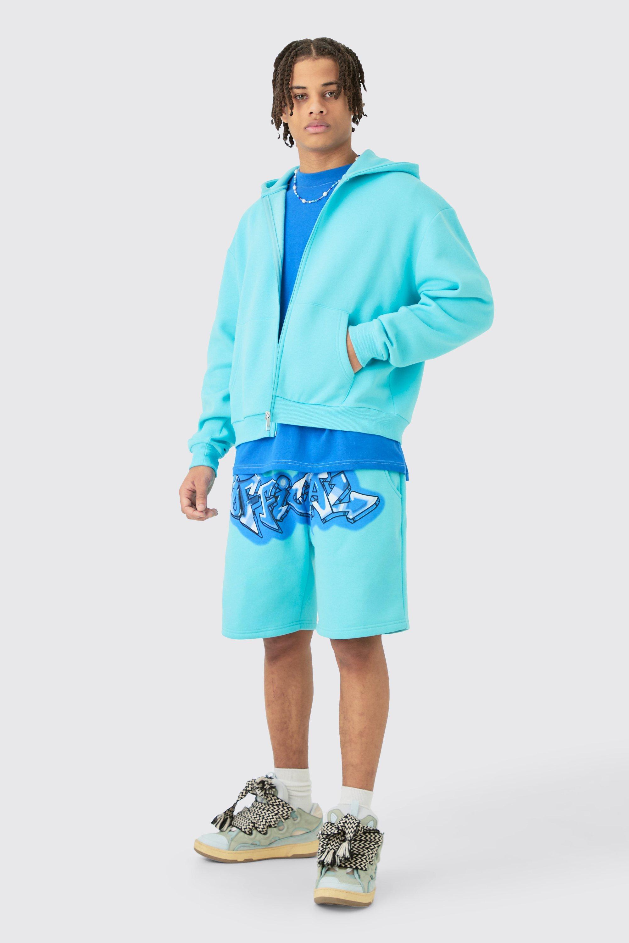 Oversized Boxy Zip Up Official Graffiti Spray Hoodie And Shorts Set | boohooMAN USA Product Image