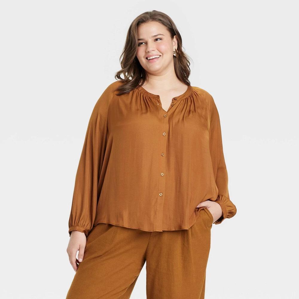 Womens Balloon Long Sleeve V-Neck Blouse - A New Day Rust 2X Product Image