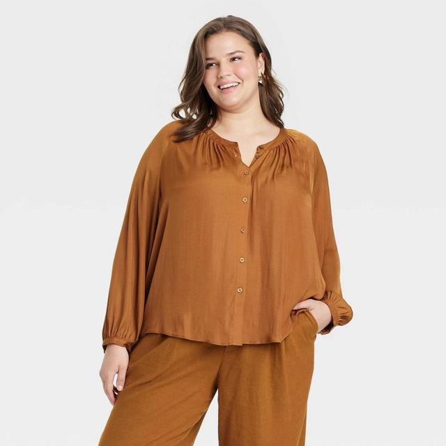 Womens Balloon Long Sleeve V-Neck Blouse - A New Day Rust XXL Product Image