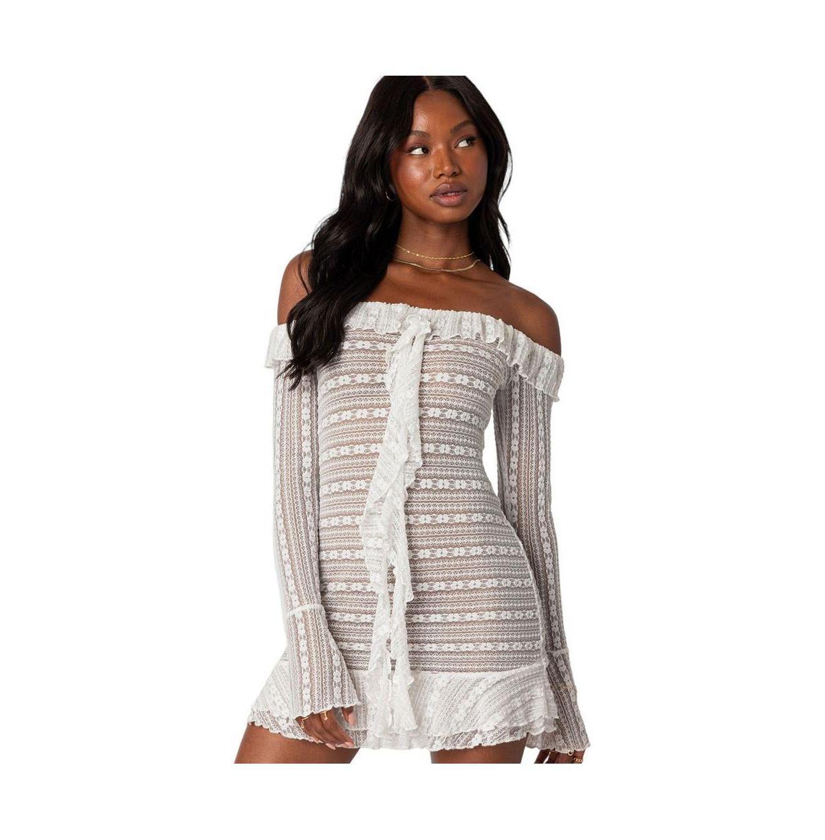 EDIKTED Lace Ruffle Off the Shoulder Long Sleeve Minidress Product Image