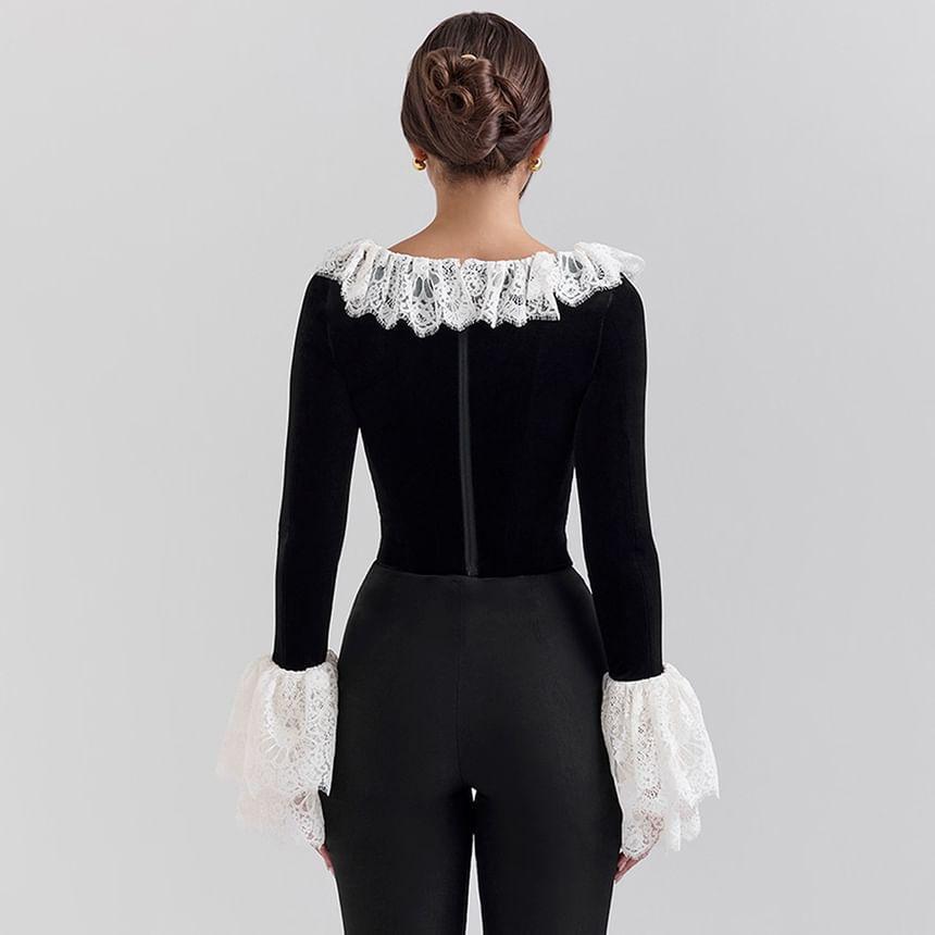 Long-Sleeve Scoop Neck Lace Panel Top Product Image